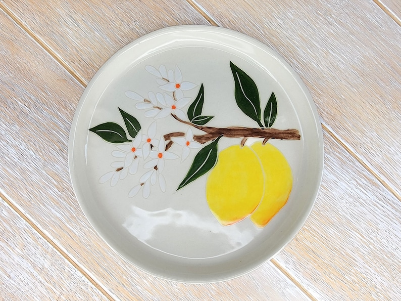 Keramiek Citroen Dessertbord Decor Gele Boom Bloesems Patroon Keramisch Aardewerk Fruit Citrus Lemon Plate # 2