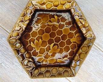 Ceramic Bee Honeycomb Hexagon Tray Dish Plate Pottery Amber Crystal Honey Bee Country kitchen