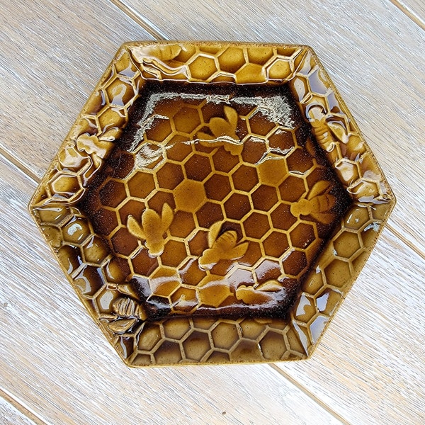 Ceramic Bee Honeycomb Hexagon Tray Dish Plate Pottery Amber Crystal Honey Bee Country kitchen