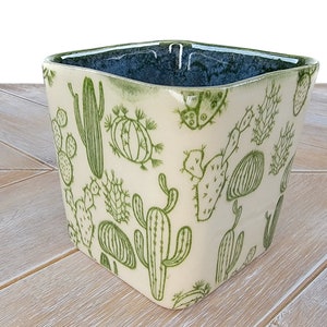 Green Cactus Planter White Cacti Decor Pattern Ceramic Pottery Plant Pot Dark Green succulent Southwest