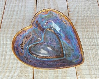Peacock Color glazed Heart Shaped Dish Bowl Ceramic Pottery Bowl Coin Dish Trinket Handmade Blue Purple