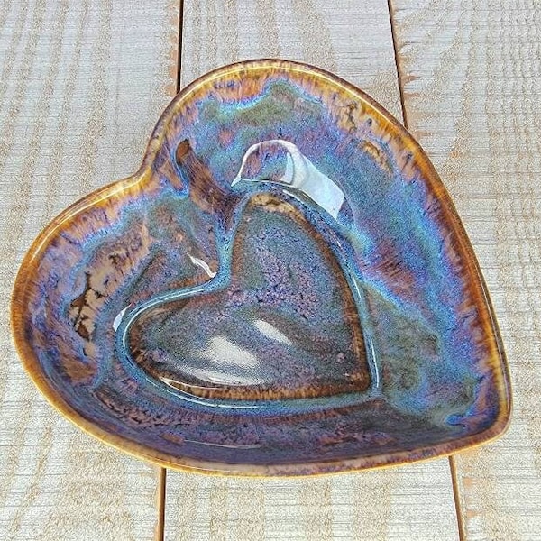 Peacock glazed Heart Shaped Dish Bowl Ceramic Pottery Bowl Coin Dish Trinket Handmade Blue Purple