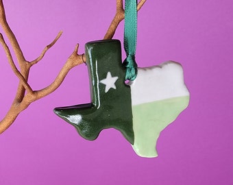 Green Ceramic Texas Ornament Xmas Christmas Holiday Winter Yule Decor Decoration Texas Flag