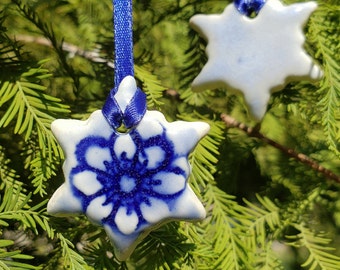 Set of 6 Blue Ceramic Snowflake Ornament Xmas Christmas Winter holiday Yule Decor Decoration