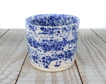Matte Blue White Speckled Ceramic Planter Dish contemporary Succulent Pottery Country Handmade