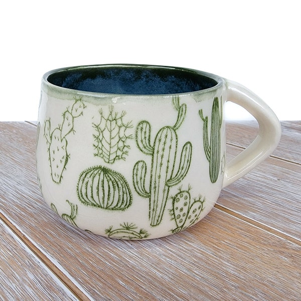 Green Cactus Cup White Cacti Decor Pattern Ceramic Pottery Coffee Mug Cup Handmade pottery Dark Green succulent Southwest