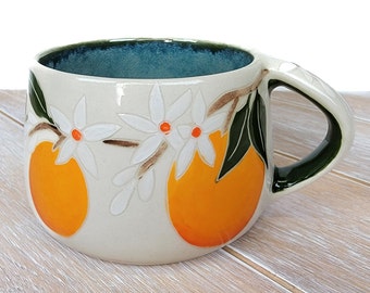 Orange Citrus Cup Green White Oranges Decor Pattern Fruit Ceramic Pottery Coffee Mug Cup Handmade pottery