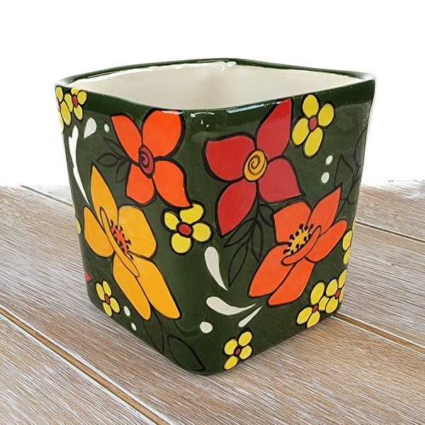 Red orange Yellow Green Ceramic 1960s Flower Planter Floral Pattern Ceramic Pottery 60s 70s Vintage look Square
