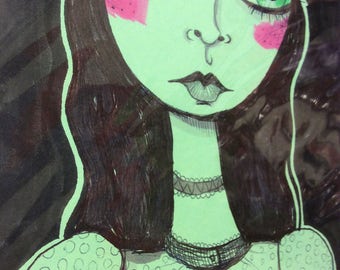 Girl with Pink Cheeks Sketchbook Pen Drawing