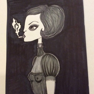 Original Smoking Angry Girl Pen Drawing Illustration on Paper image 1