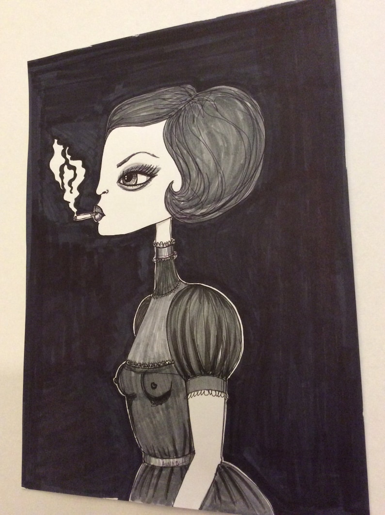 Original Smoking Angry Girl Pen Drawing Illustration on Paper image 1