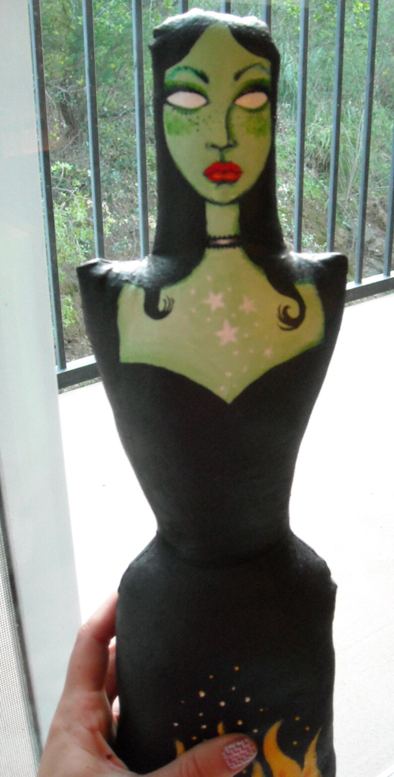 Burning Green Witch Painted Cloth Art Doll