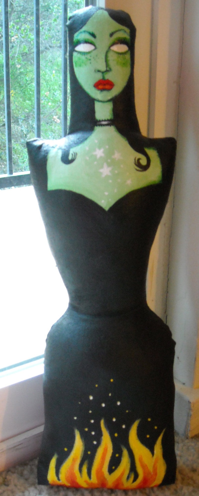 Burning Green Witch Painted Cloth Art Doll