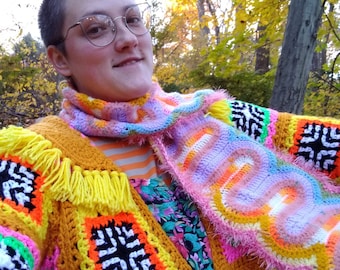 Ribbons of Rainbow Scarf --Modern Squiggle Motif, downloadable Crochet pattern, low yardage, quick to stitch, relaxing & repetitive, +charts