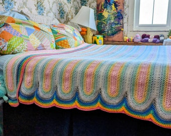 Rainbow Reflection Blanket--simple, fun and mesmerizing project, Learn Ribbon Candy Crochet today! Twin-Full-Queen-King, bedspread or throw