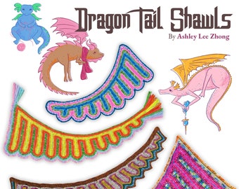 Dragon Tail Shawls -- Downloadable Crochet Pattern Collection, 4 unique asymmetrical triangle shawls to make in Ribbon Candy Crochet