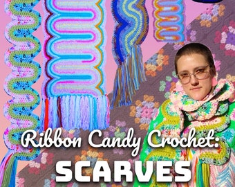 Ribbon Candy Crochet Scarves -- a five scarf pattern e-book collection. Downloadable crochet patterns, make 5 beautiful geometric scarves!