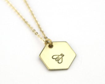 Brass Bee Hexagon Stamped Necklace | Golden Honeybee Necklace | Handmade Bee Necklace | Bridesmaid Jewelry | Geometric Jewelry