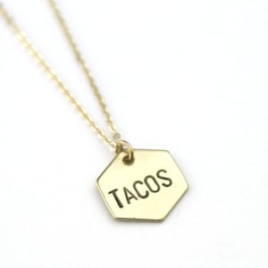 Tacos Hexagon Geometric Necklace | Gold Taco Tuesday Necklace | Food Necklace | Mexican Food Jewelry | Tacos and Tequila | Foodie Necklace