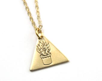 Succulent Gold Plant Necklace Stamped Jewelry Mama Snake Plants Vintage Style Geometric Triangle Christmas Gift Stocking Stuffer Present