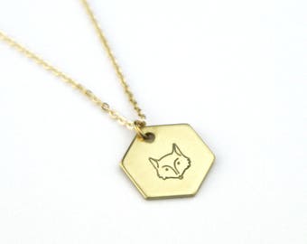 Brass Stamped Fox Hexagon Necklace | Animal Jewelry | Woodland Necklace | Gold Necklace | Geometric | Pendant Necklace | Minimal Jewelry