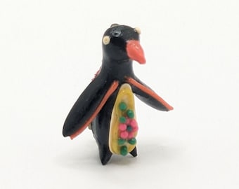 Small Vintage Handmade Penguin Brooch Lapel Pin Animal Lover Hand Made OOAK Cute Colorful Floral Mexico