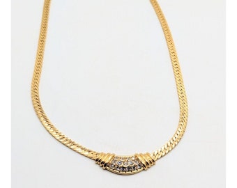 Vintage Avon Rhinestone Choker Collar Gold Tone Flat Snake Chain Egyptian Revival Chunky Statement Jewelry Gift For Her