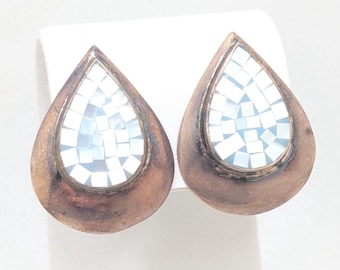 Broche Vintage Argentée Avec Nacre D'abalone Bleu - Bijou Ancien *3237 - Occasion Bon état