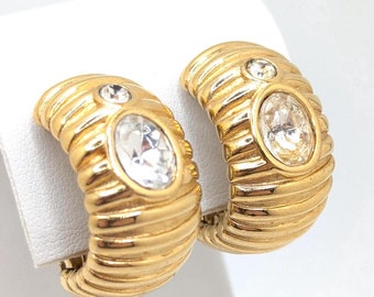 Vintage Rare 1980s Givenchy Gold Plated Ribbed Clip On Earrings Rhinestone Bling Designer Paris New York Scalloped Wedding Bridal Jewelry