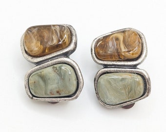 Vintage Agate Slice Silver Clip On Earrings Boho Bohemian Rustic Christmas Gift For Her Present Stone Brown Green Everyday Jewelry