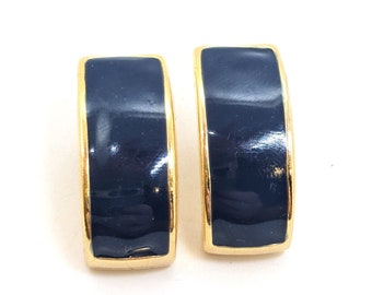 Vintage Hoop Navy Blue 1980s Chunky Gold Tone Clip On Earrings Gift For Her Wife Woman 80s Style Something Wedding Present