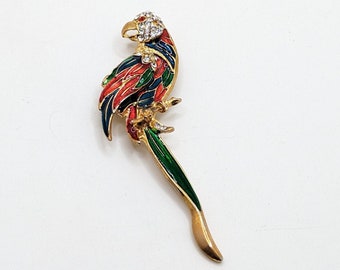 Vintage Rhinestone Parrot Brooch Pin Enamel Estate Jewelry Emerald Green Red  Gold Tone