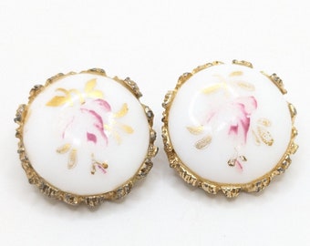 Vintage Milk Glass Flower Rose Hand Painted Clip On Earrings Flower Floral Ornate Gold Tone Handmade Wedding Bridal Gift Engagement Party