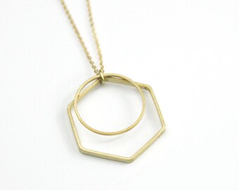 Gold Brass Hexagon Layer Necklace | Geometric Necklace | Layered Boho Necklace | Small Necklace | Geometric Jewelry | Hexagon Jewelry