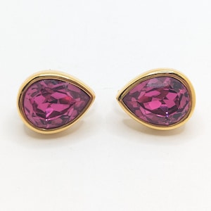 Vintage Rare Fuchsia Pink Purple Swarovski Crystal Teardrop Clip On Earrings Gold Christmas Gift For Her Present Minimal Wife Anniversary