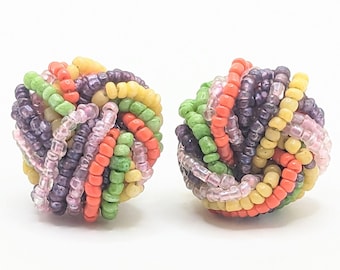 Vintage Large Stud Beaded Earrings Seed Bead Rainbow Purple Mint Green Coral Mid Century Handmade LGBTQ Friendly Gift Colorful Multicolor