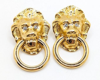 Vintage KJL Kenneth Jay Lane Gold Lion Door Knocker Dangle Drop Earrings Lions Mane Rhinestone Large Chunky Statement Earrings For Avon Gift