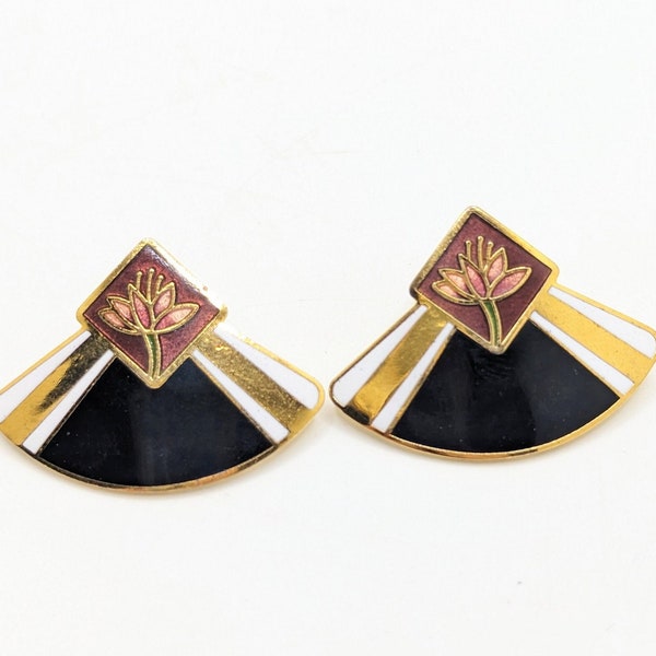 Vintage Water Lily Laurel Burch Pink Black Gold Art Deco Stud Earrings Pierced Ear Ears Geometric Present Gift For Her