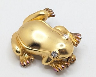 Large Vintage Frog Gold Tone Brooch Lapel Pin Rhinestone Eyes Fun Bling Jeweled Gift For Her Reptile Lover