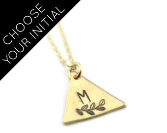 Brass Initial + Leaf Stamped Necklace | M Initial | Customized Necklace | Monogram Necklace | Bridesmaid Jewelry | Geometric Jewelry