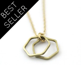 Gold Brass Double Hexagon Necklace | Geometric Necklace | Layered Boho Necklace | Small Necklace | Geometric Jewelry | Hexagon Jewelry