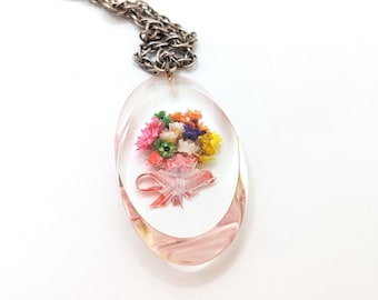 Vintage Clear Lucite Faux Floral Bouquet Necklace Flower Large Resin Cast Gift For Her 1960s 60s Yellow Orange Pink Feminine Dainty Gifts