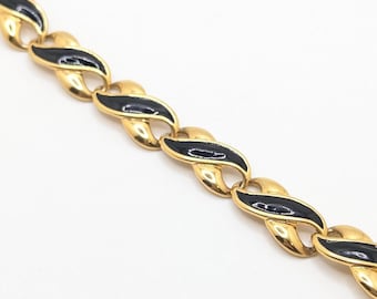 Vintage Napier Gold Black Bracelet Enamel Link 1980s 80s Geometric Christmas Party Jewelry Gift Wedding Bridal Chunky Statement Costume