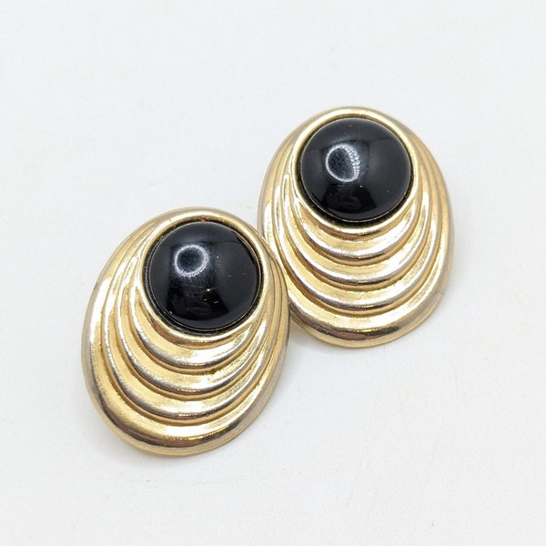 Vintage Art Deco Black Gold Stud Earrings Costume Jewelry Wedding Bridal Gift Gifts Present Flapper Egyptian Revival Large Oval Bridesmaid