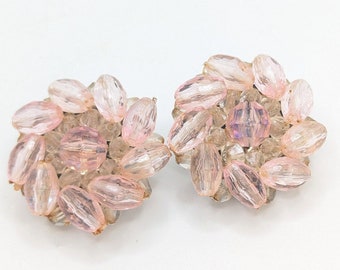 Vintage Signed Western Germany Blush Pink Beaded Clip On Earrings Large Chunky Pale Statement Jewelry Gift For Her Wedding Bridesmaid