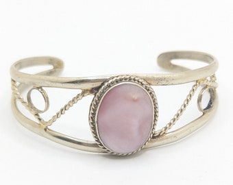 Vintage Opal Silver Tone Cuff Bracelet Ornate Openwork Heche En Mexico Southwest Bangle Adjustable Gift For Her Pale Pink Pastel Present