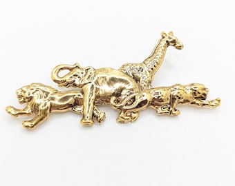 Vintage Noah's Ark Gold Large Brooch Lapel Pin Giraffe Panther Lion Elephant Safari Statement Jewelry Accessories Christian Jesus Bible