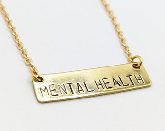 Mental Health Gold Plated Brass Bar Necklace Handmade Stamped Awareness Serotonin Gift Her Him Unisex Jewelry Feelings Depression Anxiety
