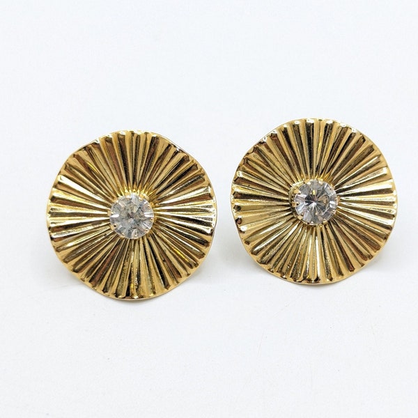 Vintage Round Rhinestone Gold Tone Stud Earrings Costume Jewelry Geometric Flapper Art Deco Abstract Bridesmaid Gifts Lightweight Bride