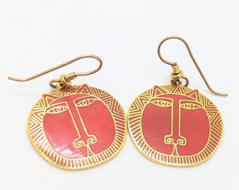Vintage Laurel Birch Moon Tiger Red Lion Earrings Gold Tone Christmas Gift For Her Accessories Dangle Drop Abstract Animal Lover Present